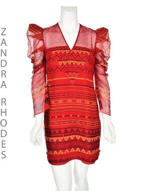 Zandra Rhodes Vintage Red Printed Silk Georgette Mini Dress, c. Early 1980s US4